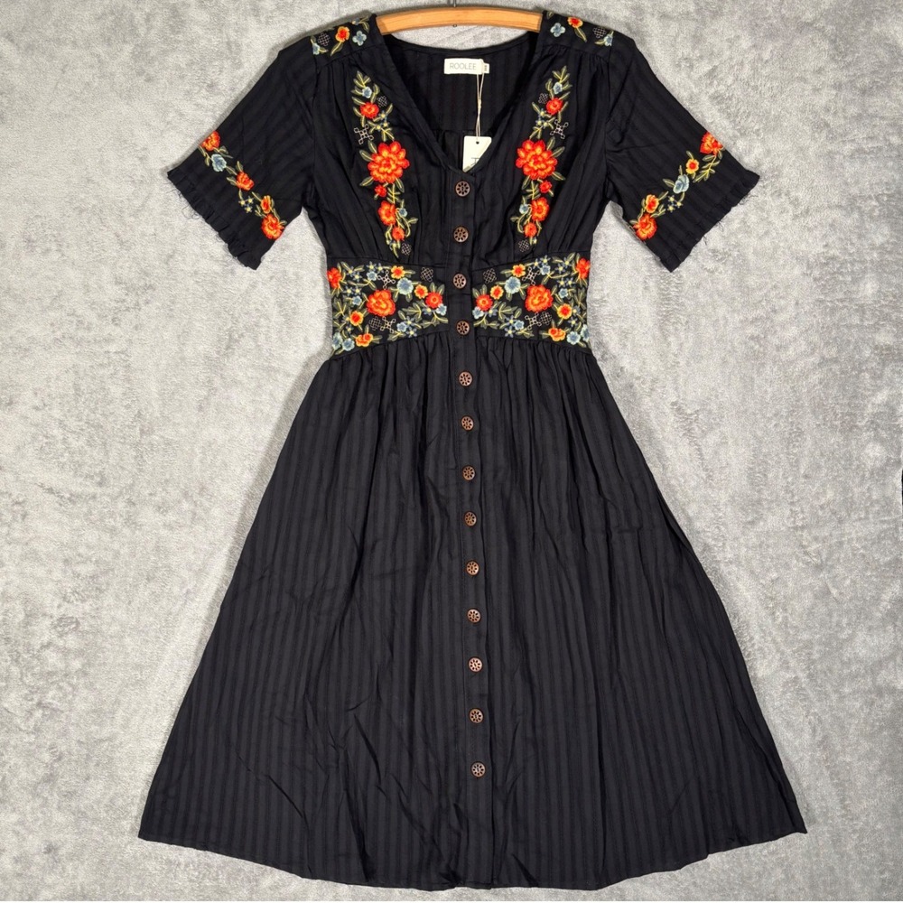 ROOLEE Black Floral Embroidered Cotton Button Front Midi Dress XXS NWT Cottage